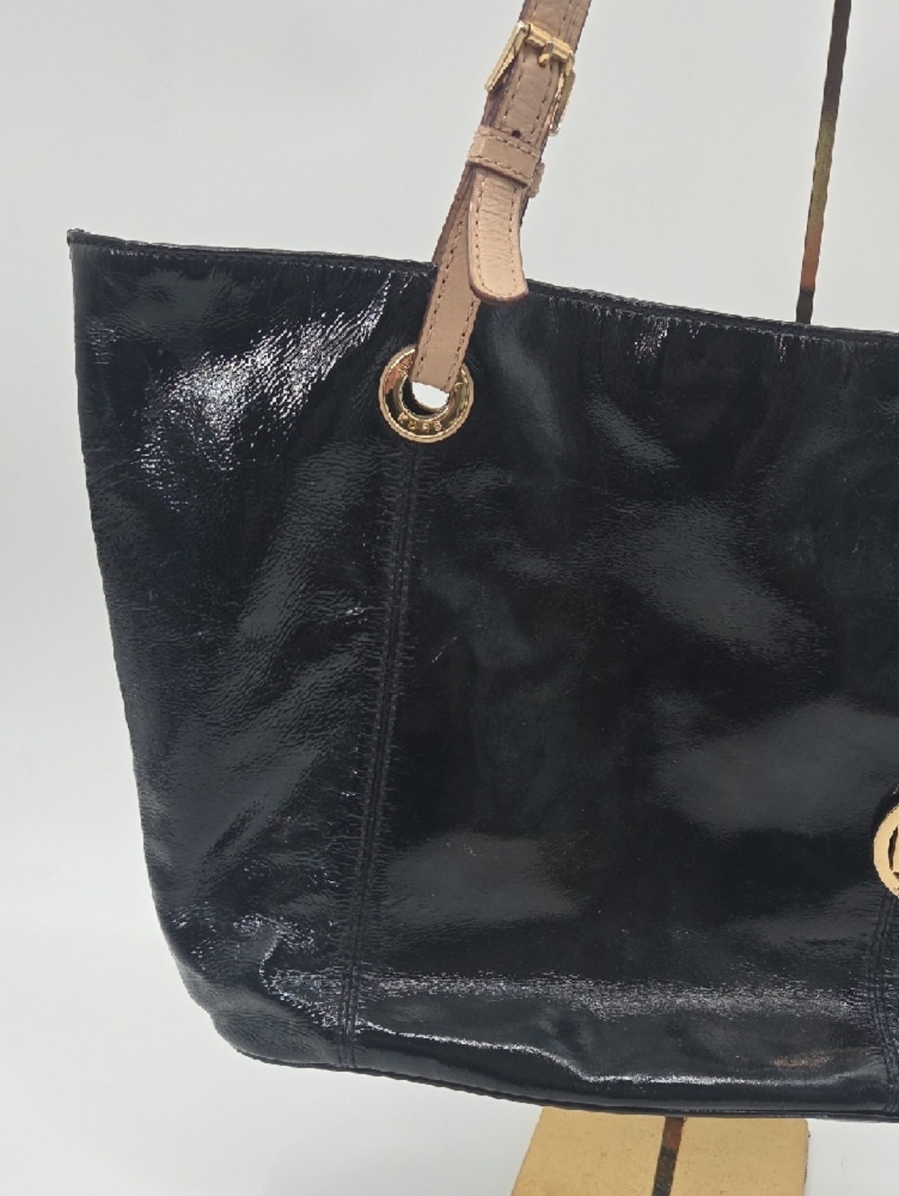 Michael Kors Black Patent Tote with Tan Straps and Gold MK Charm - Picture 4 of 16